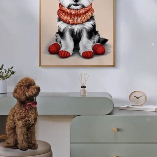 "Video featuring a digital print of a baby Yorkshire terrier as part of a pet-themed decor."