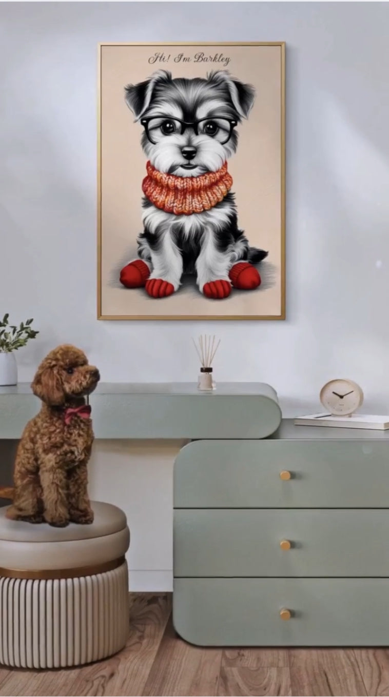 "Video featuring a digital print of a baby Yorkshire terrier as part of a pet-themed decor."