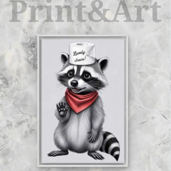 Printable digital bathroom wall art - raccoon illustration with toilet paper hat