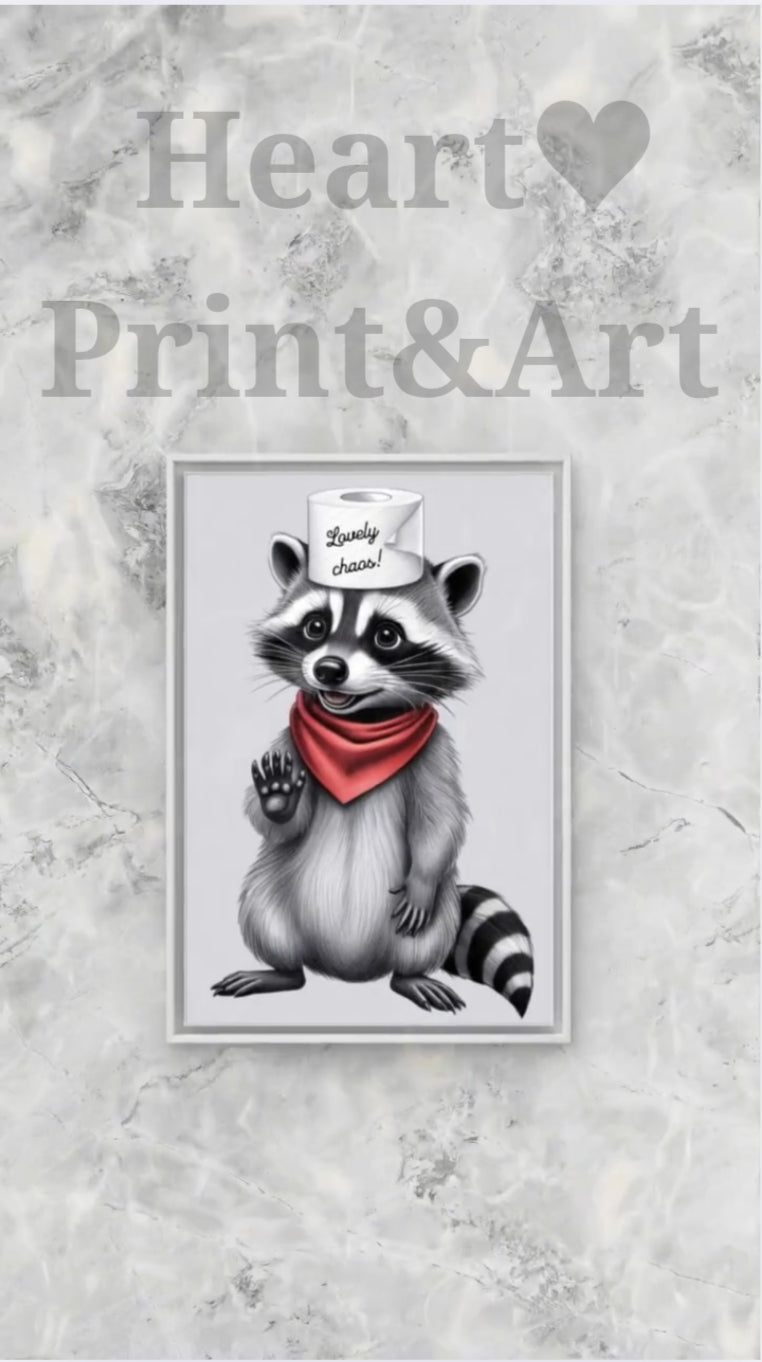 Printable digital bathroom wall art - raccoon illustration with toilet paper hat