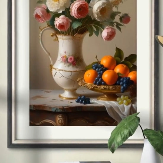 A vintage painting of flowers and fruit on a wooden table, perfect for home decor and gifts for flower lovers.