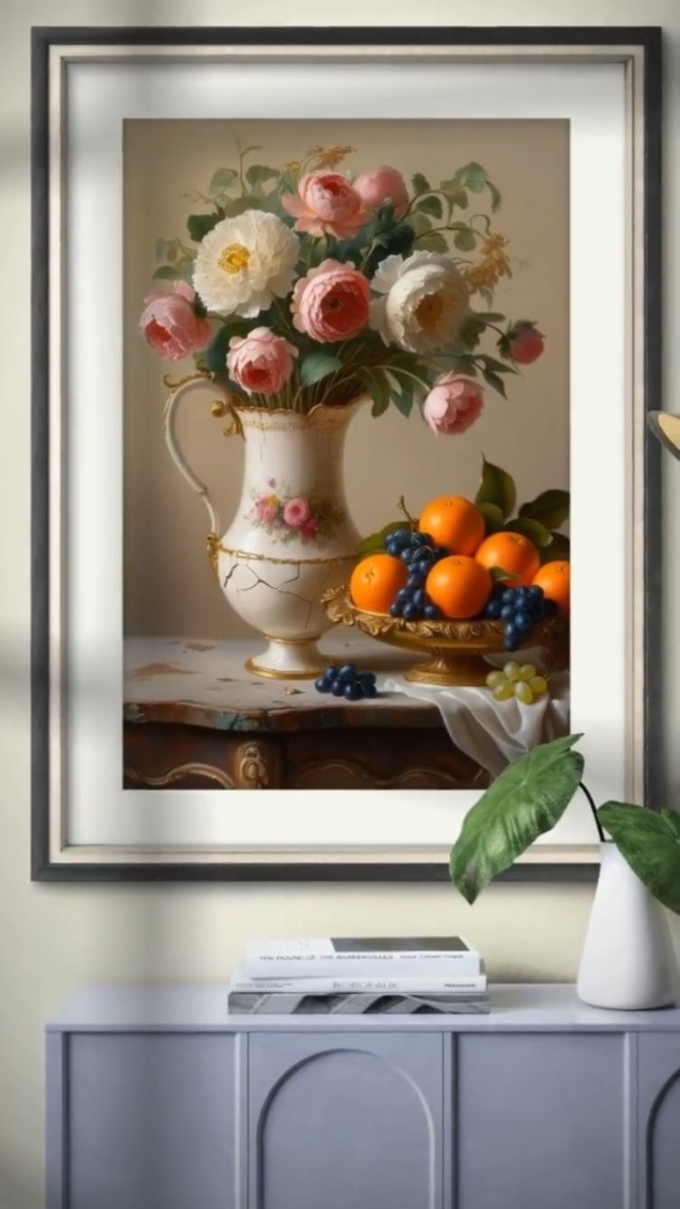 A vintage painting of flowers and fruit on a wooden table, perfect for home decor and gifts for flower lovers.
