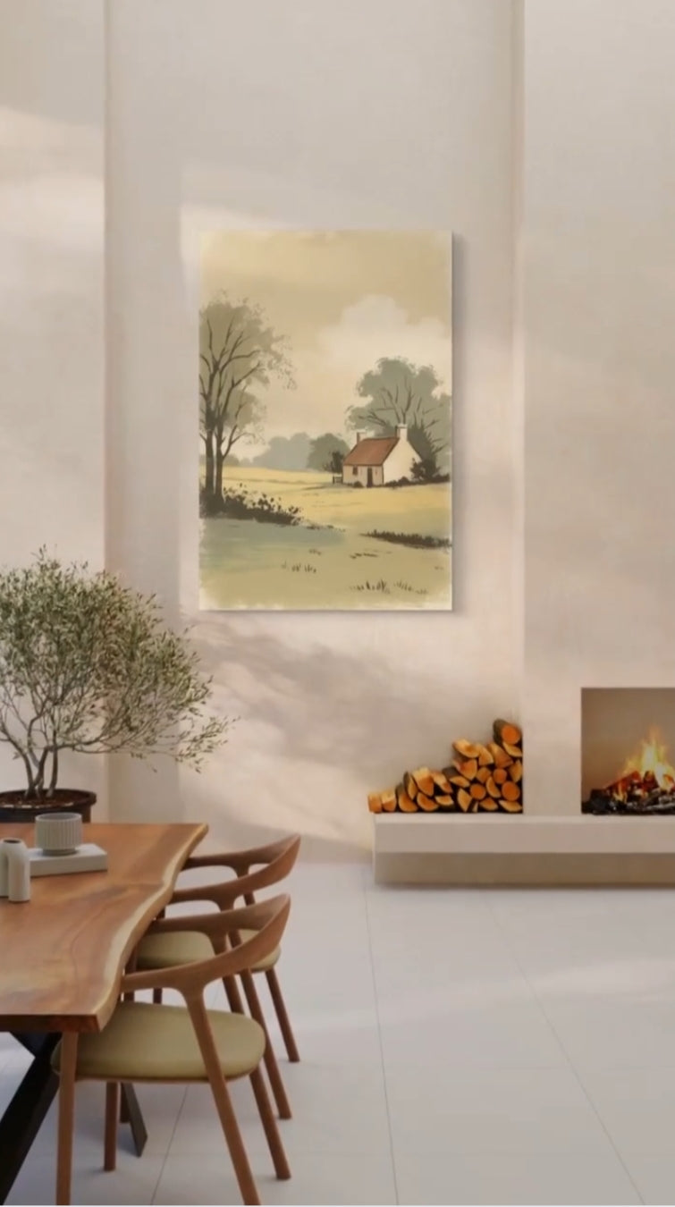 Vintage illustration of a countryside cottage in a peaceful landscape.