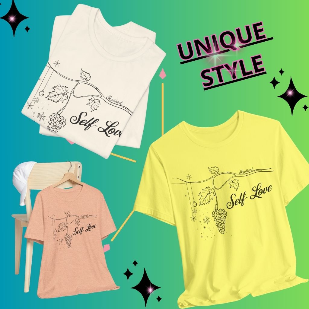 Unique style T shirts - Featuring a minimalist illustration of a grapevine and the heartfelt message Self-Love