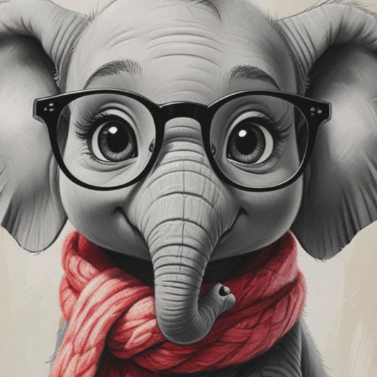 "Digital nursery wall art of a cute baby elephant sitting with soft gray tones."