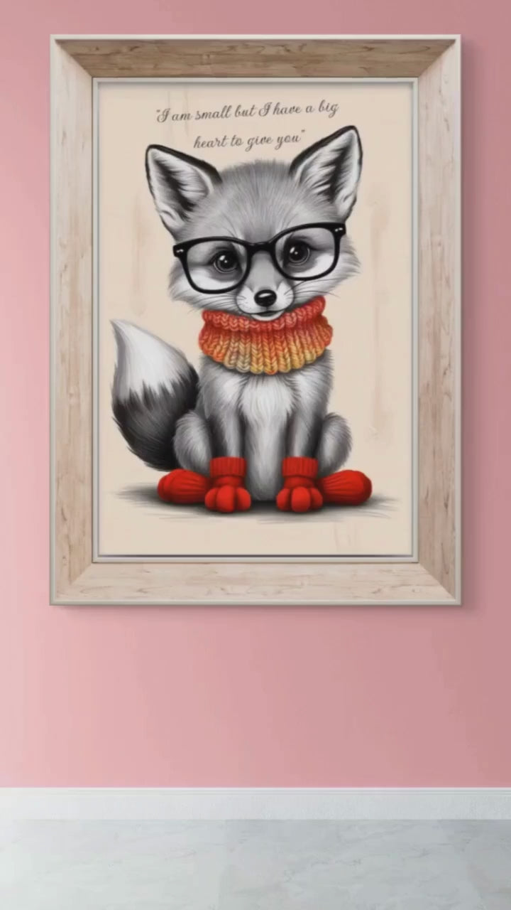 A cute baby fox wearing glasses and a colorful knitted scarf, paired with a heartwarming quote about having a big heart.